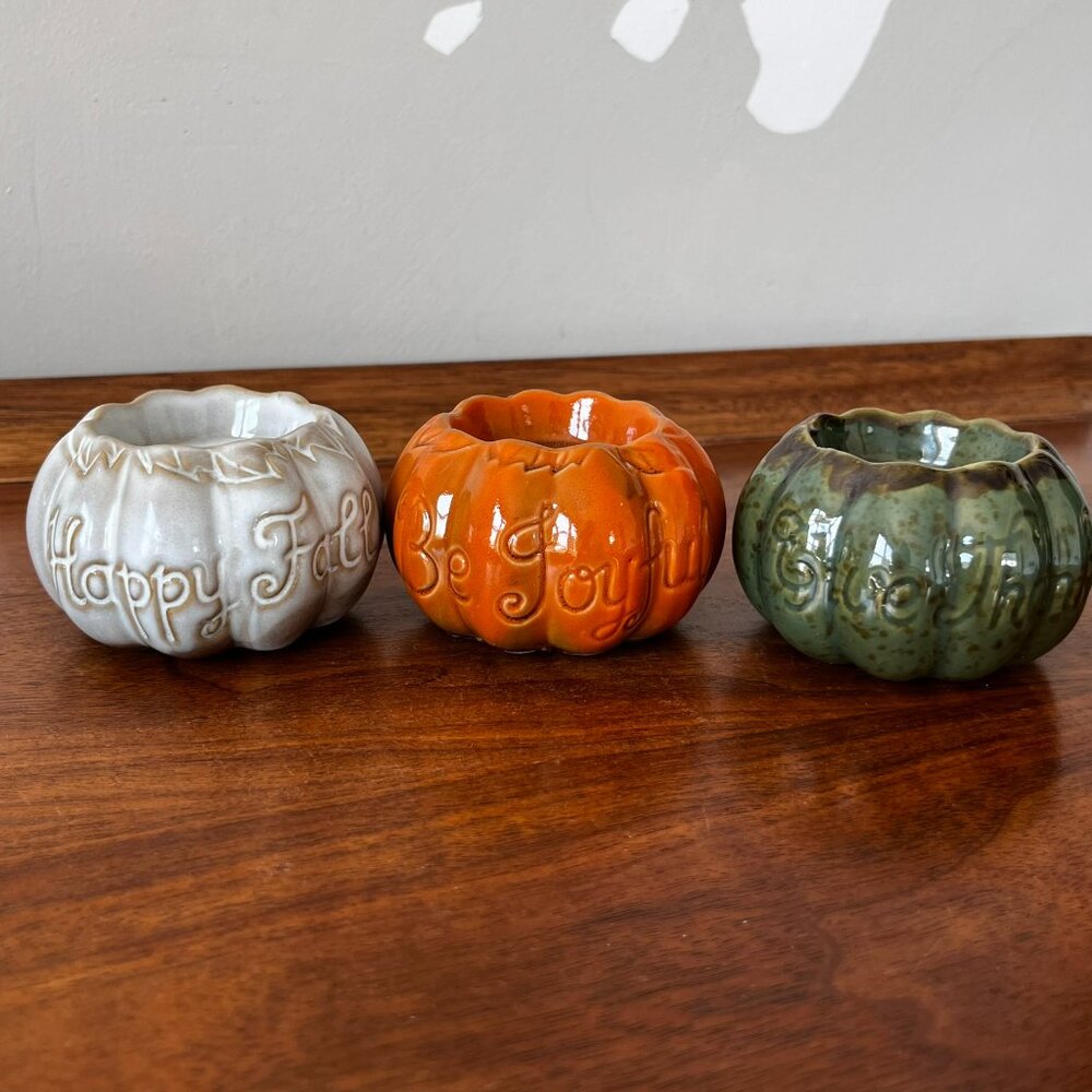 Harvest Treasures Porcelain Candle Holder Set 3 Pumpkins w/ Fall Phrases Decor